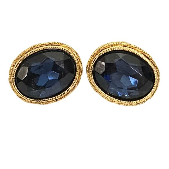 1928 Brand Gold Tone Oval Blue Faceted Lucite Post Earrings, L813 - Picture 2 of 7